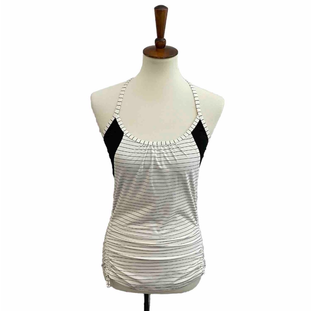 Calia Carrie Underwood Tank Sports Bra Striped Layered Cinch Sides Black Cream